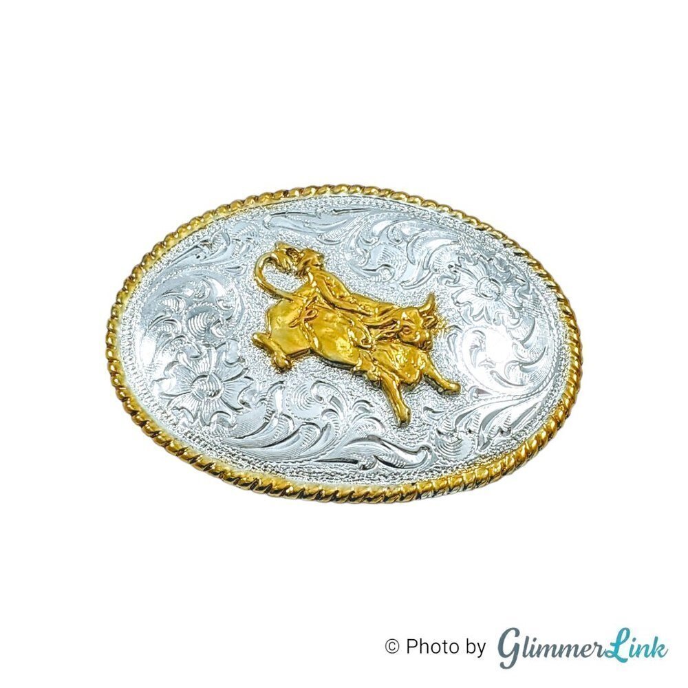 Rodeo Bull Rider Small Size Oval Silver Tone Belt Buckle